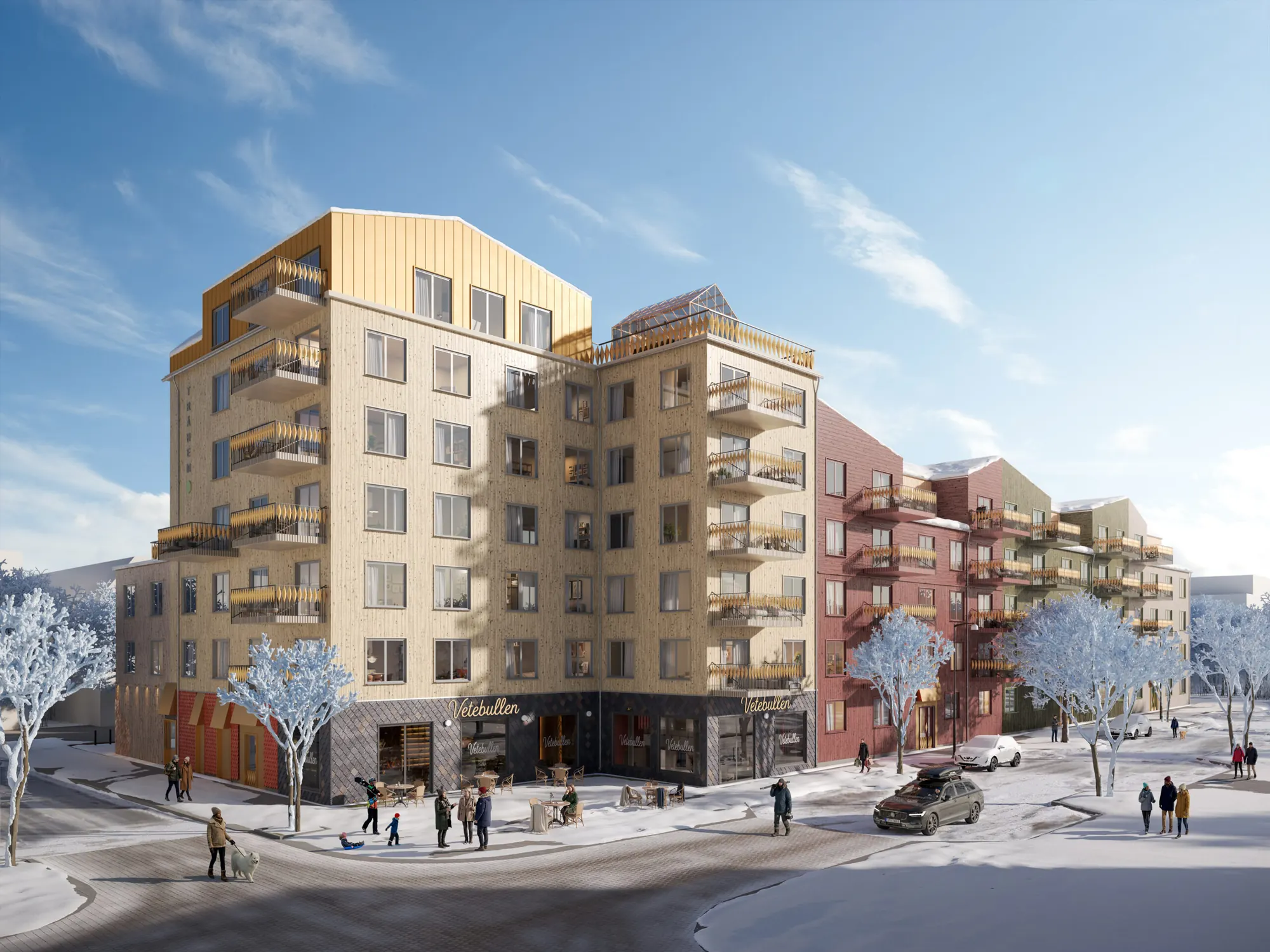 VYN i Väsjö Torg, Sollentuna, flerbostadshus med trästomme och träfasad en vinterdag.